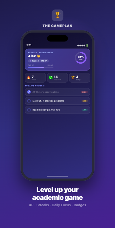 Dashboard — XP ring, streaks, Power 3 overview